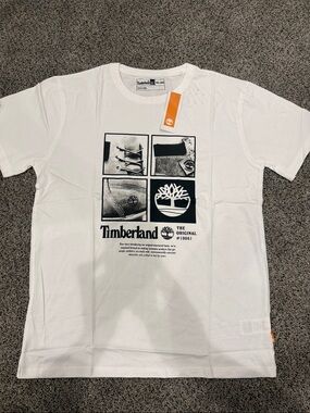 Timberland White Short-Sleeve Tee with Black Graphic Grid Logo